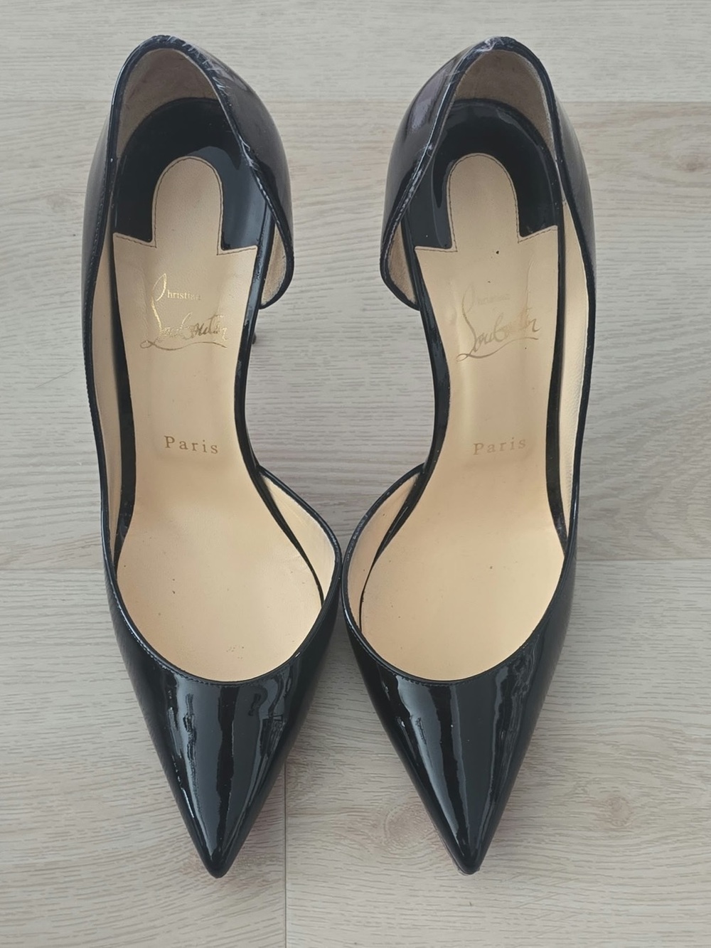 Christian Louboutin Black Patent Pointed D'Orsay Pumps with Cutout Sides